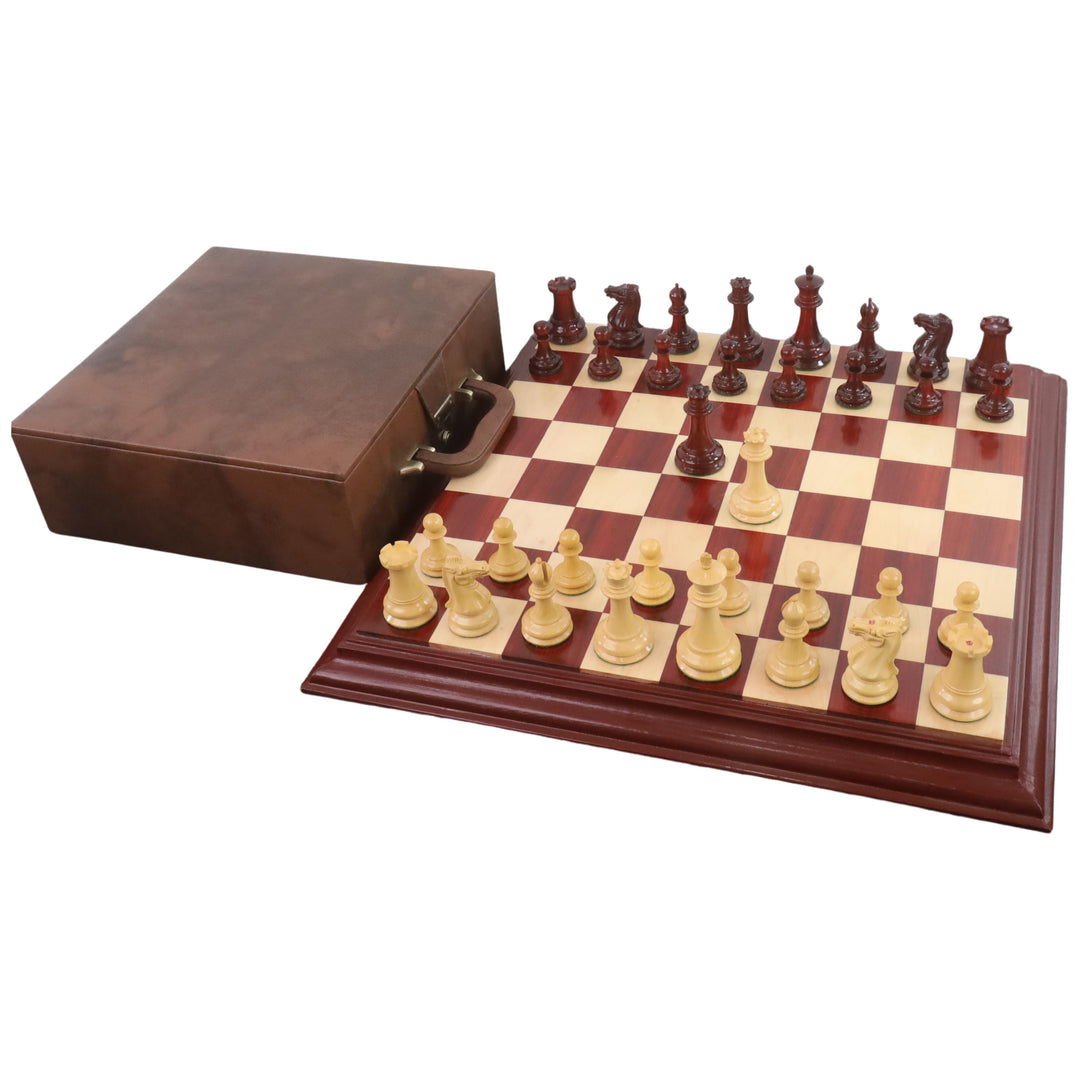 1849 Jacques Cook Staunton chess set in bud rosewood and boxwood with a premium brown storage case.