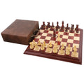 1849 Jacques Cook Staunton chess set in bud rosewood and boxwood with a premium brown storage case.
