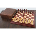 1849 Jacques Cook Staunton chess set displayed on a board with a luxury brown leatherette case.