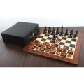 Full 1849 Staunton chess set combo with antiqued boxwood pieces, ebony pieces, and a matching wooden board.