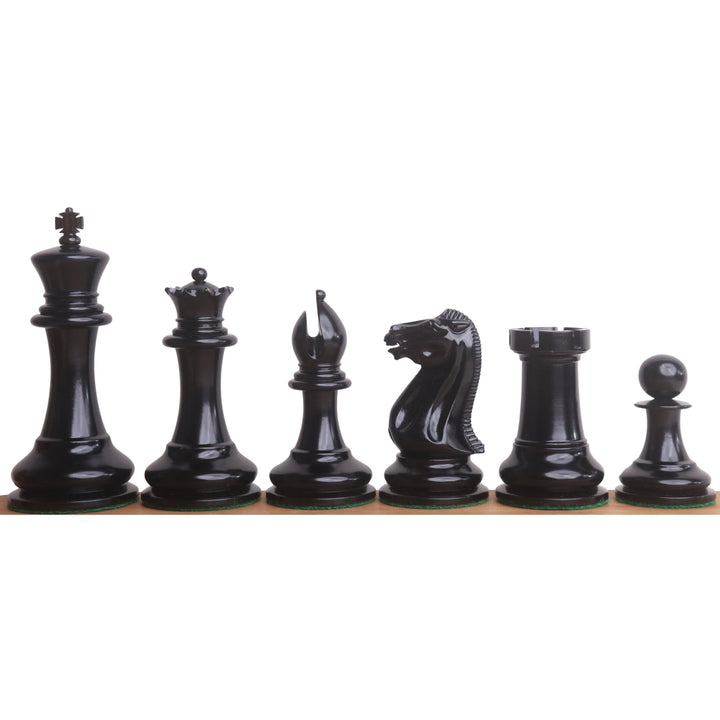 Full side profile of 1849 Original Staunton chess pieces handcrafted in premium polished ebony wood.