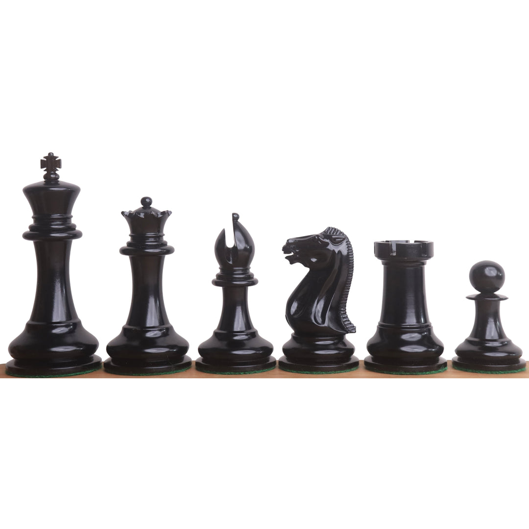 Complete lineup of ebonized boxwood chess pieces in the 1849 Staunton style featuring a 4.5 inch king.