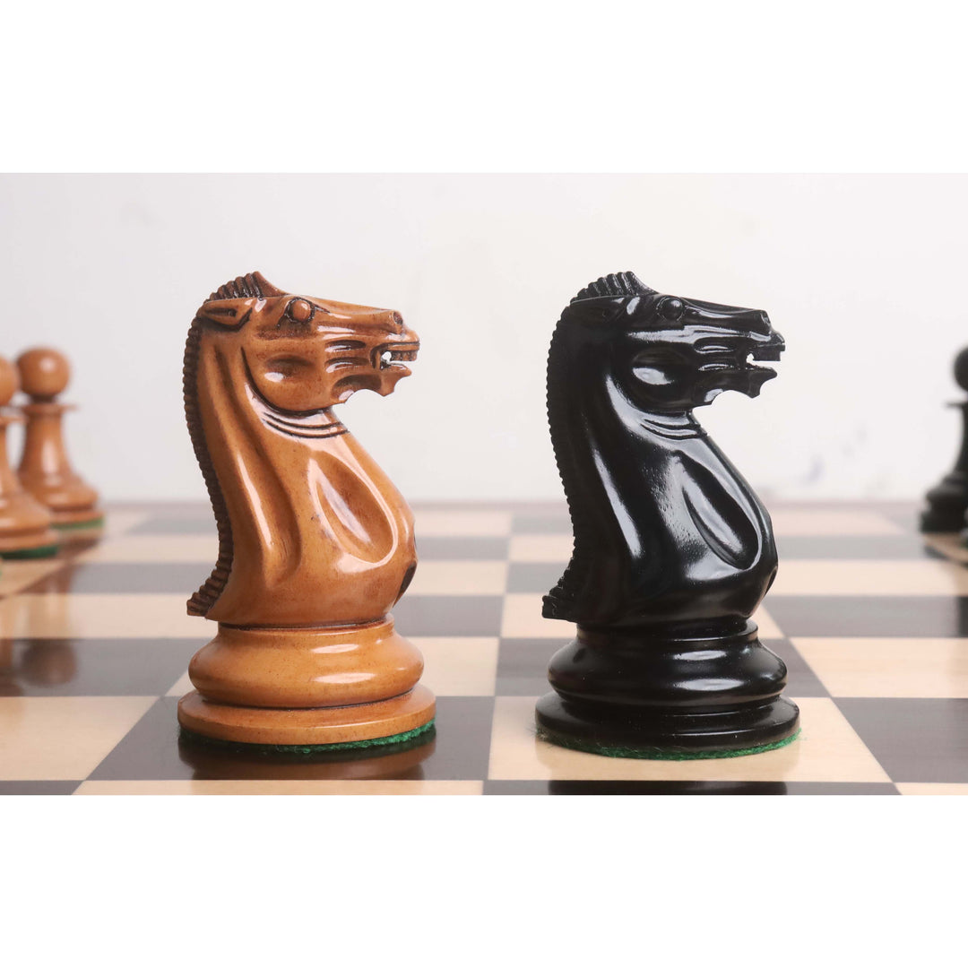 Hand-carved knights from the 1849 Staunton series in antiqued boxwood and polished ebony.