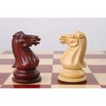 Opposing hand-carved Knights in Bud Rosewood and Boxwood from the 1849 Jacques Cook Staunton set.