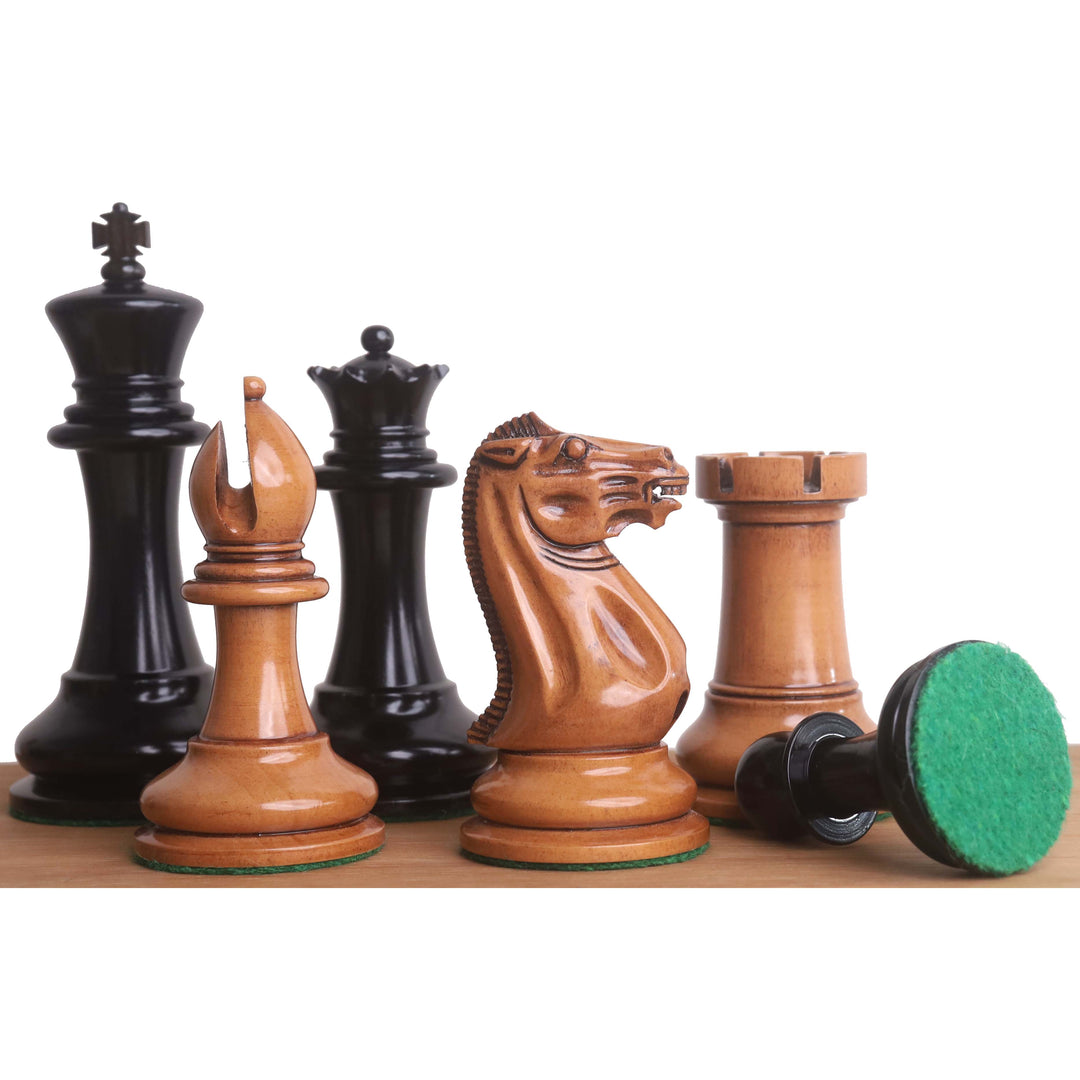 Detailed view of handcrafted 1849 Staunton chess pieces in distressed antiqued boxwood and ebony.