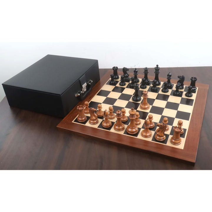 Full 1849 reproduction Staunton chess set with board and premium black leather storage case.