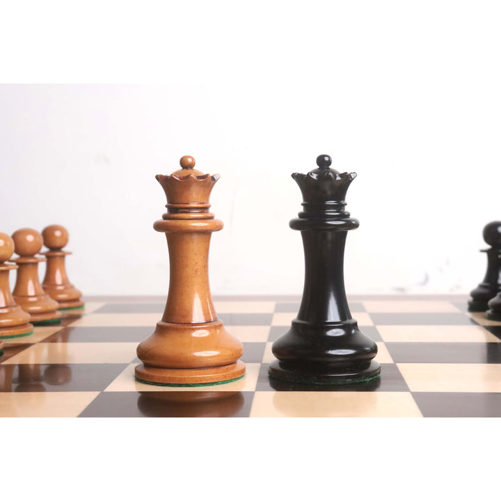 Symmetrical arrangement of 1849 Staunton king, knights, and bishops on a wooden board.