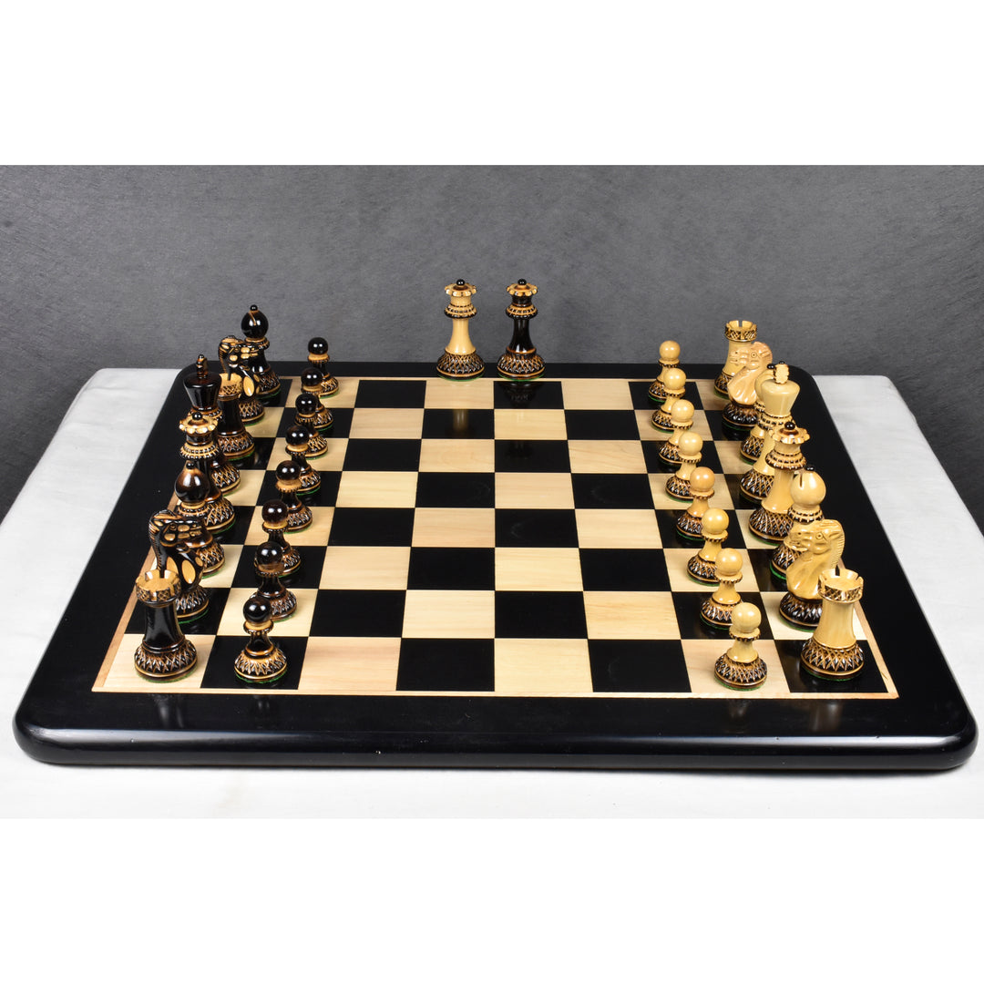 Piezas de ajedrez talladas Parker Staunton de 3,9" con tablero de madera de ébano y arce incrustado de 21" y caja para guardar piezas de ajedrez de palisandro dorado