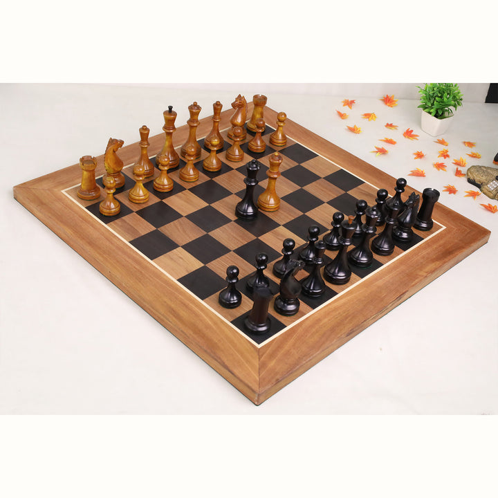 Complete 1935 Botvinnik Flohr II reproduction chess set displayed on a handcrafted 22.5-inch ebony and acacia wood chessboard.
