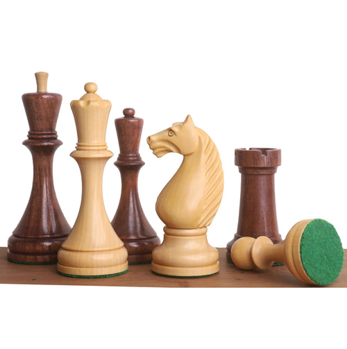 Golden rosewood and boxwood Soviet chess pieces from the 1935 Botvinnik Flohr II set.