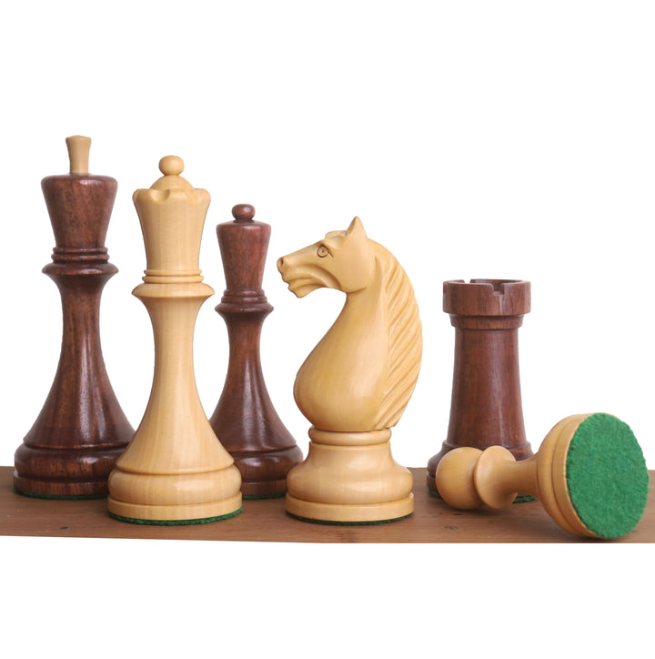 Golden rosewood and boxwood Soviet chess pieces from the 1935 Botvinnik Flohr II set.