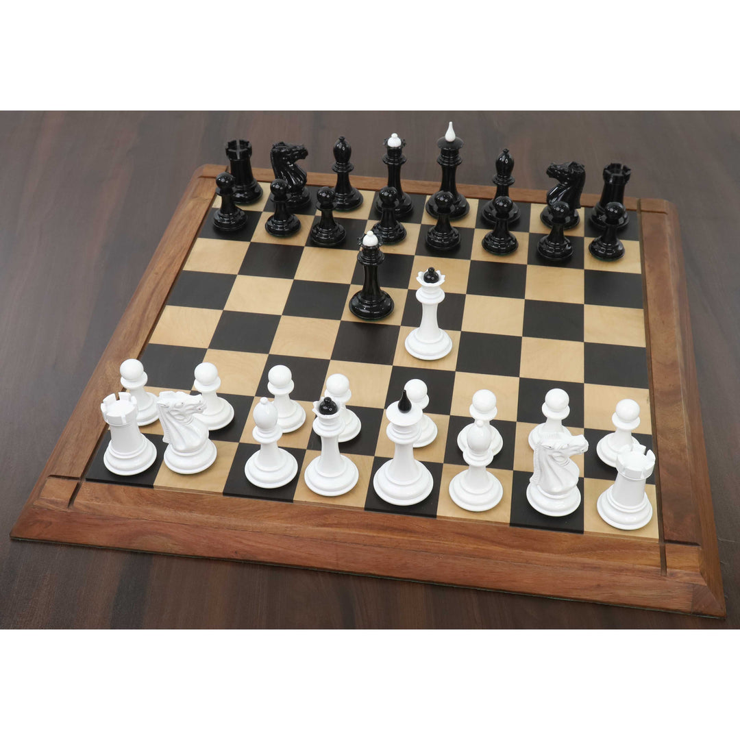 Full 1940s Soviet reproduction chess set with black and white lacquer pieces on a professional board.