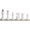 Full side profile of white lacquer boxwood chess pieces featuring the iconic Soviet minimalist design.