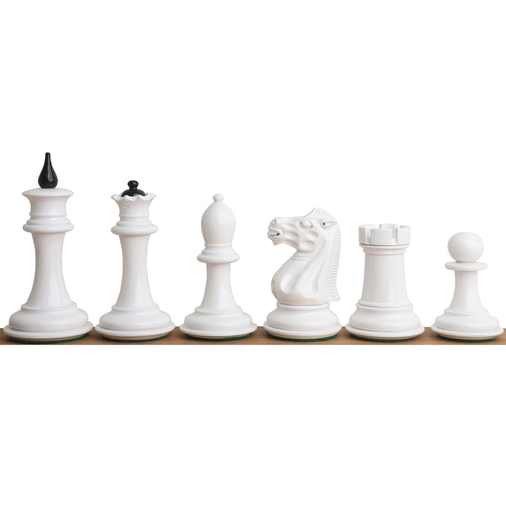 Full side profile of white lacquer boxwood chess pieces featuring the iconic Soviet minimalist design.