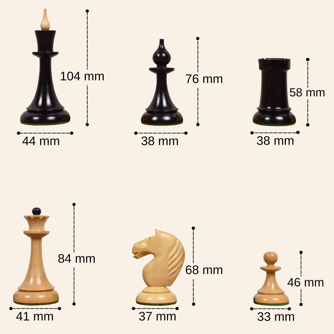 Dimensions chart for Soviet Latvian chess pieces showing heights like the 104mm King and 46mm Pawn.