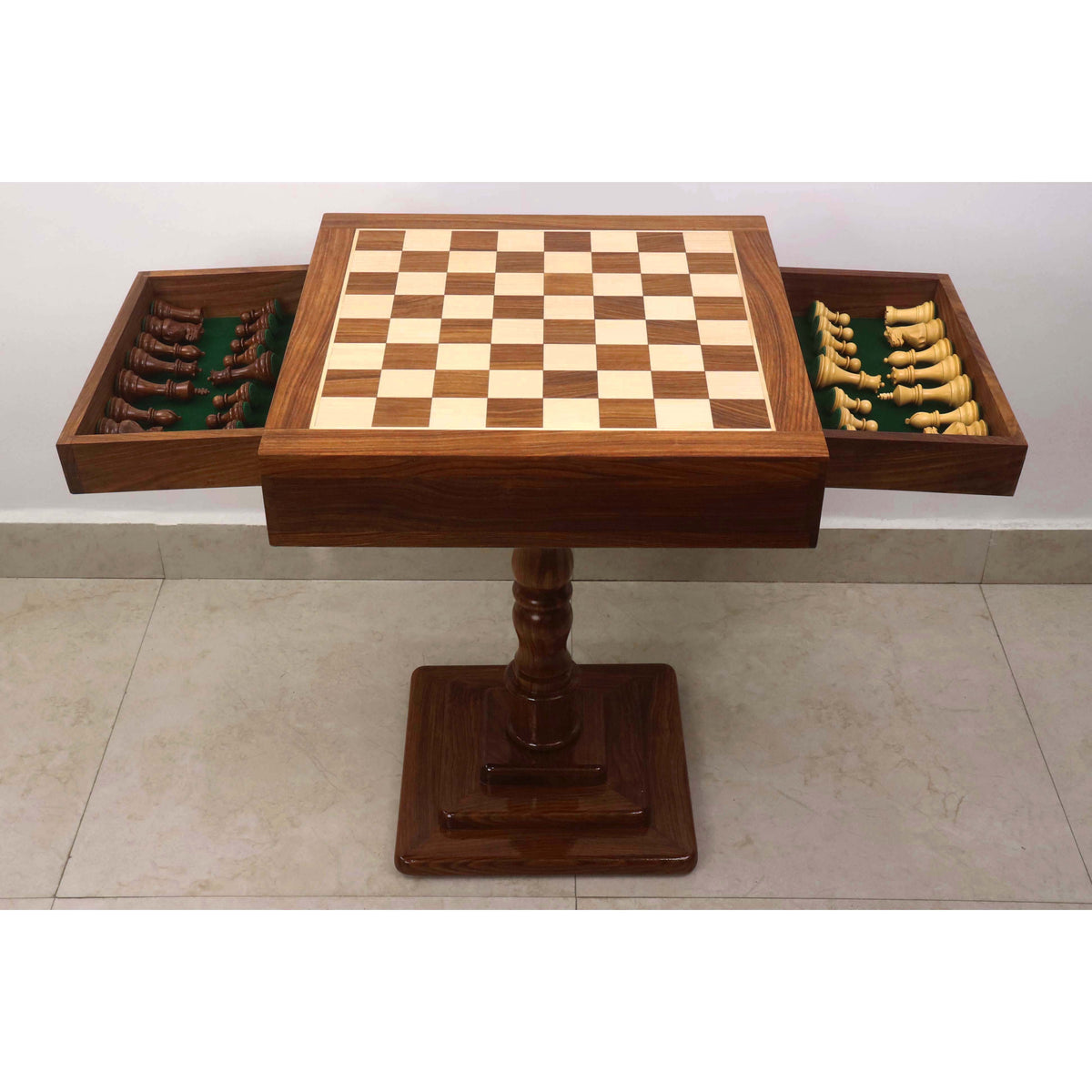 20 inch Monarch wooden chess table showing felt-lined storage drawers for pieces.