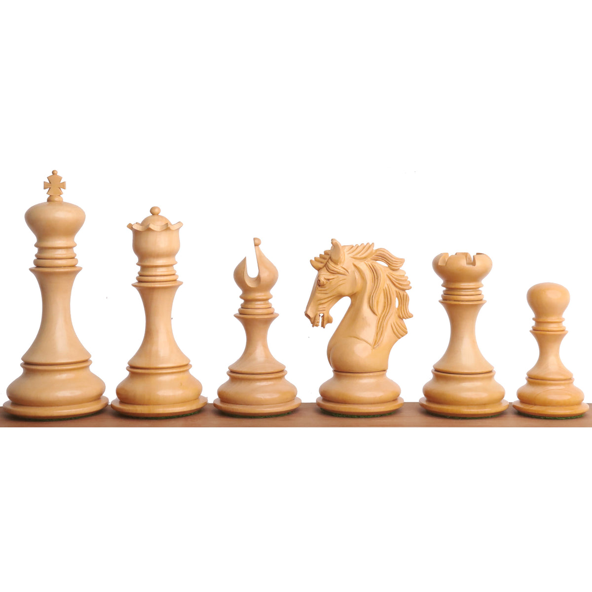 Lineup of Boxwood Goliath series Staunton chess pieces.
