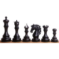 Complete lineup of six dark ebony wood Goliath Series luxury Staunton chess pieces.