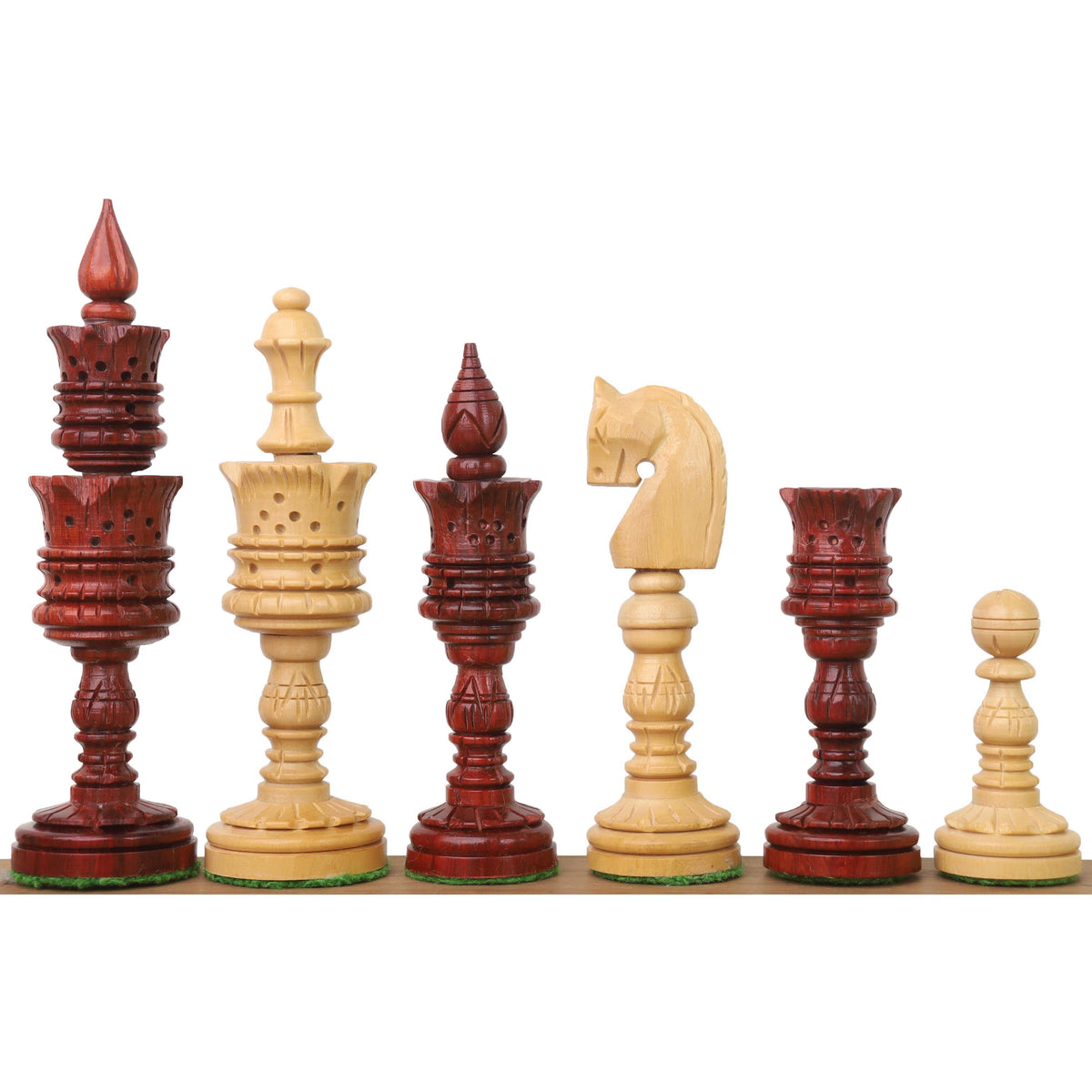 4.7" Lotus Series chess pieces in Bud Rosewood and Boxwood arranged in a lineup for visual comparison.