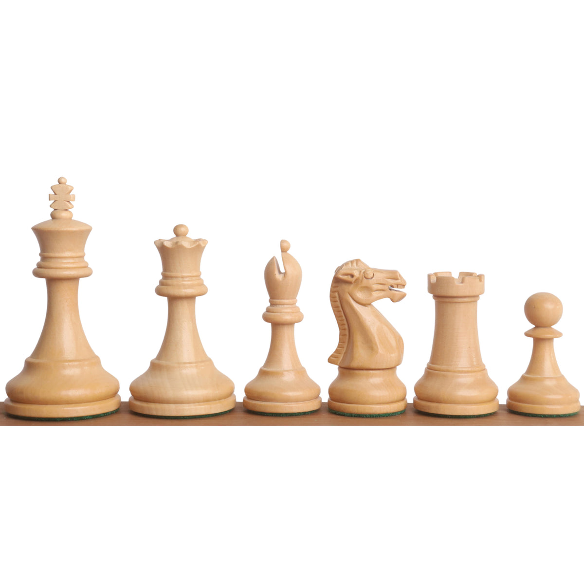 Complete set of 2.4 inch Pro Staunton Boxwood chess pieces with weighted bases.
