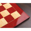 Close-up showing the high gloss finish and reflective surface of the Red Ash Burl printed chess board.