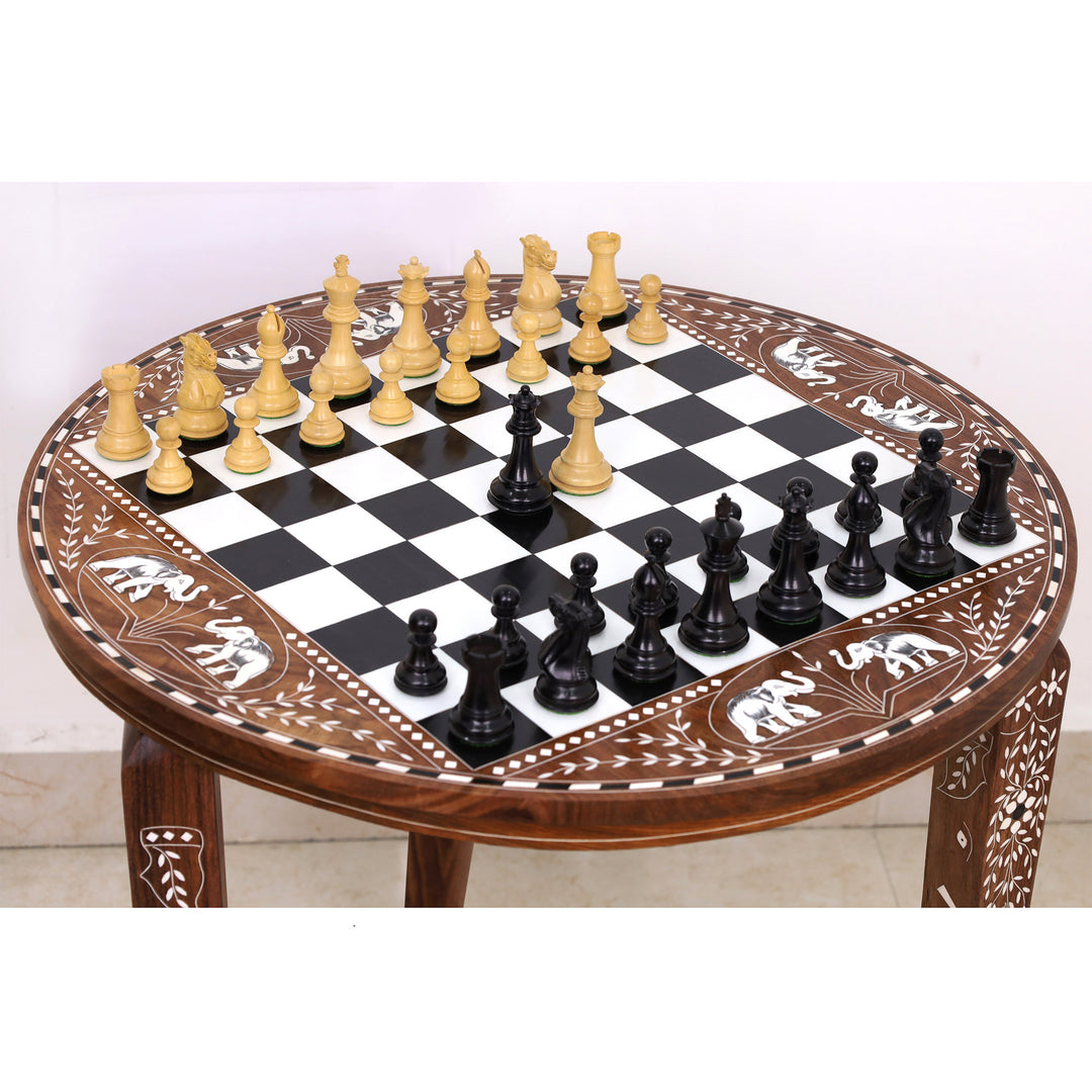 Mesa de Ajedrez Redonda Boutique de Lujo de 24" con Piezas de Ajedrez Staunton - Boj Ebonizado Contrapesado