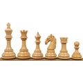 Set of 4.6-inch Columbian Staunton boxwood chess pieces standing in a line.