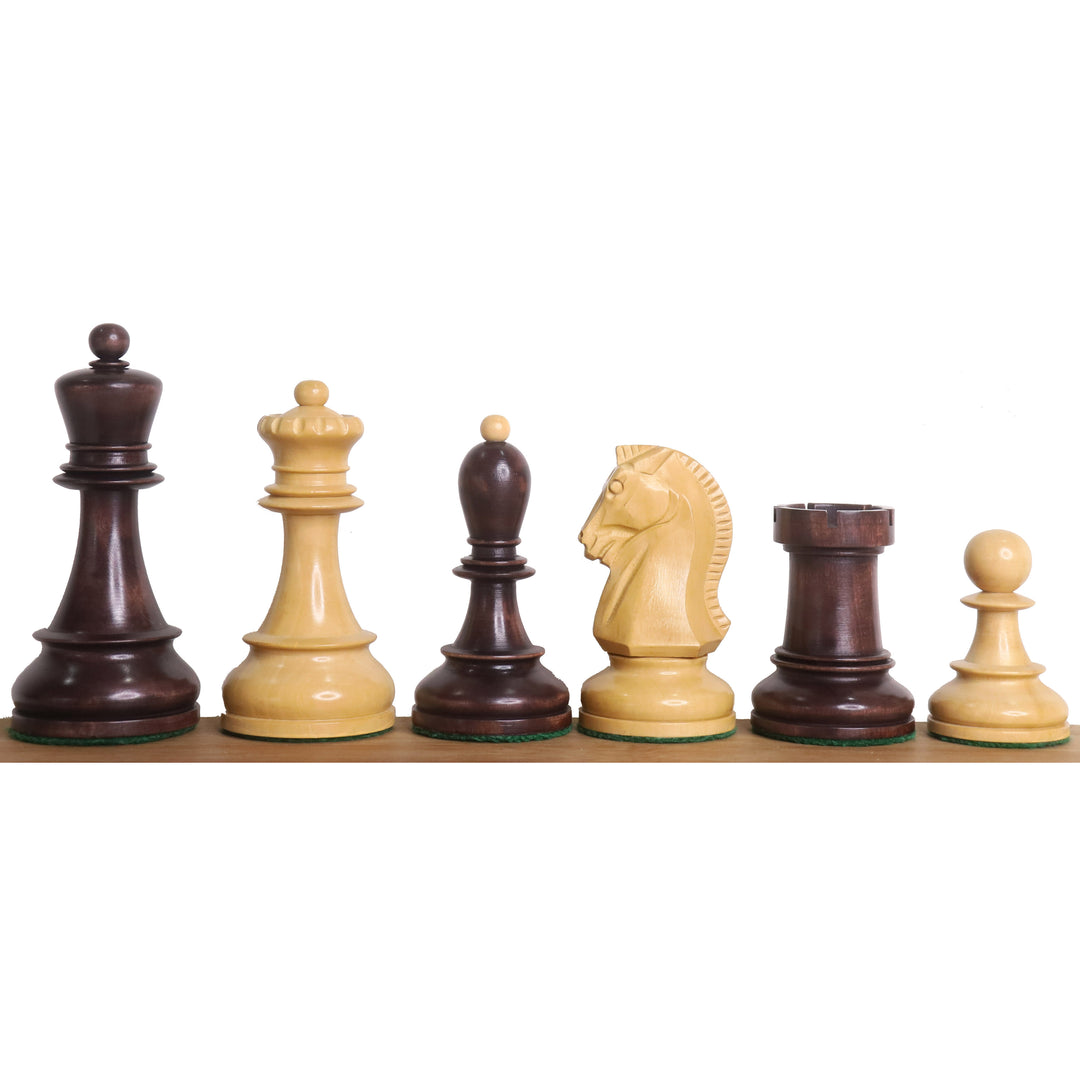 Complete lineup of mahogany stained and boxwood Fischer Dubrovnik chess pieces.