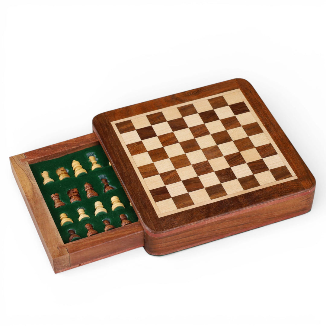 Magnetic Travel Chess set with Drawer 5" Golden Rosewood