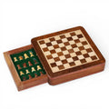 Magnetic travel chess set in golden rosewood with convenient storage drawer for pieces.