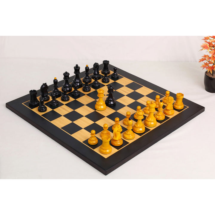 Complete 1950s Fischer Dubrovnik chess set arranged on a wooden board.