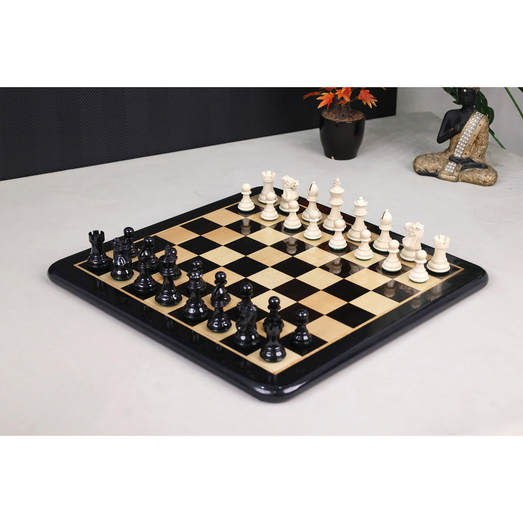 Lote compuesto por piezas de ajedrez Pro Staunton de 7,8 cm (negras y marfil) + tablero de madera de ébano de 43 cm + caja de palisandro dorado