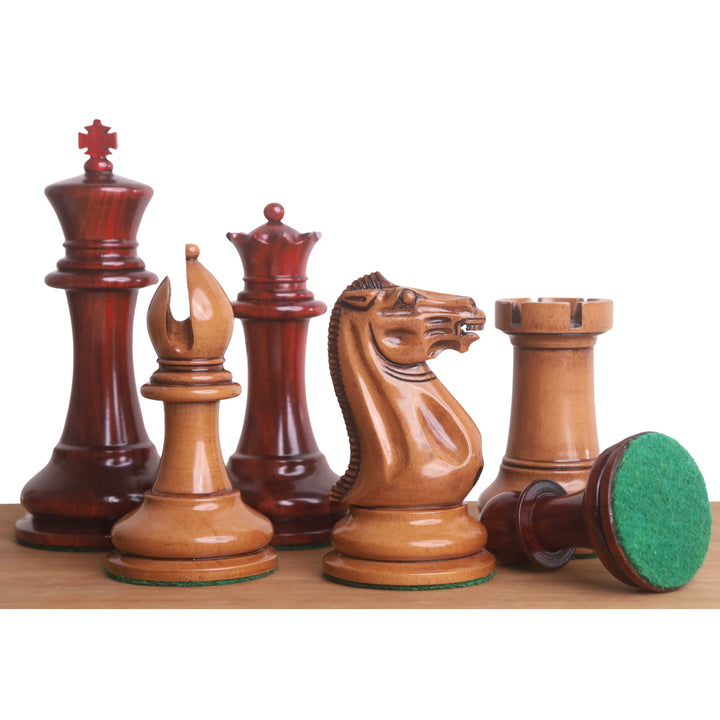 Combo of 1849 Original Staunton Chess Set- Lacquered Distress Antiqued Boxwood & Bud Rosewood - 4.5" King With Board and Box