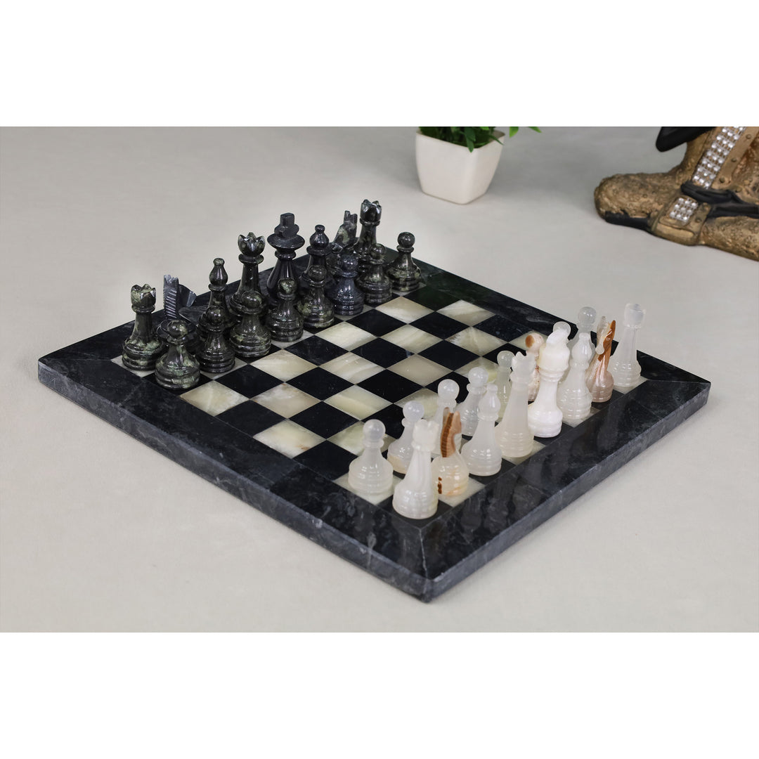 Slightly Imperfect  10" Onyx Marble Chess Set - Black & White Stone Board & Pieces