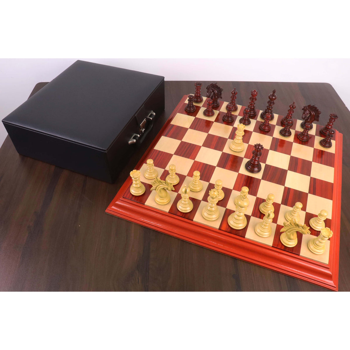 Complete Marengo luxury Staunton chess set arranged for play.