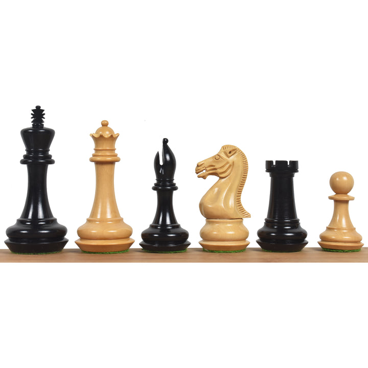 Piezas de ajedrez de madera de ébano Staunton con base biselada de 4,1" y tablero de ajedrez de madera maciza de ébano y arce de 21" a elección del jugador - acabado mate y caja de almacenamiento de piezas de ajedrez de palisandro dorado