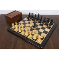 Ebonised Pro Staunton chess set fully set up on a 21-inch board with storage box.