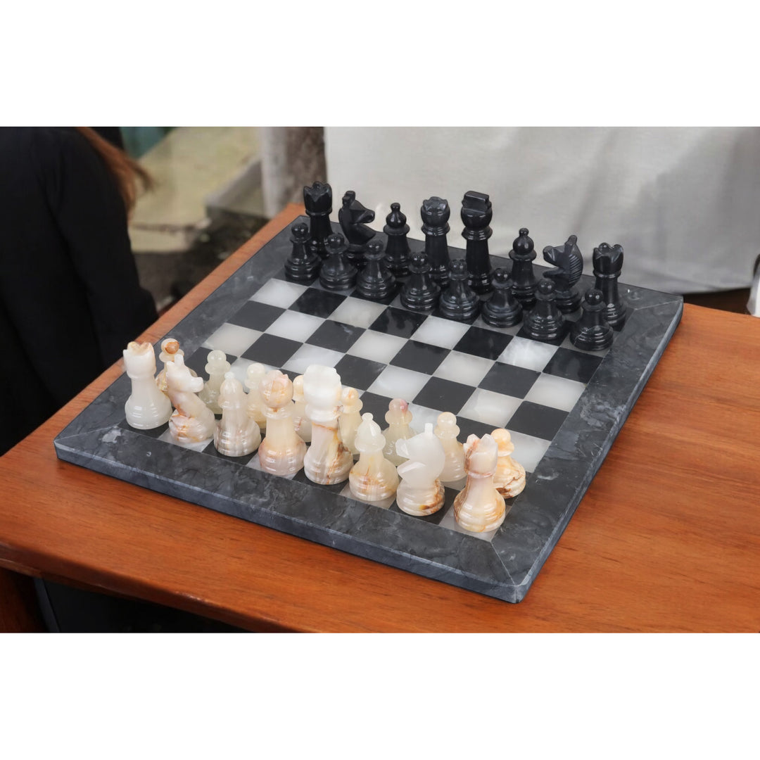 Slightly Imperfect  10" Onyx Marble Chess Set - Black & White Stone Board & Pieces