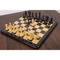 Full set of 3.9 inch Heritage Series Staunton chess pieces displayed on a luxury wooden board.
