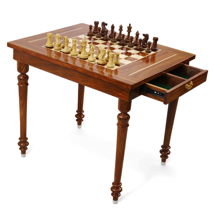 Combo of 30" Chessmaster's Series Golden Rosewood Chess Table with 4.1" Pro Staunton Weighted Golden Rosewood Pieces with Storage Drawers