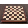 Top-down perspective of the 25-inch large professional chess board handcrafted from dark Rosewood and light Maple wood on a dark wooden surface.