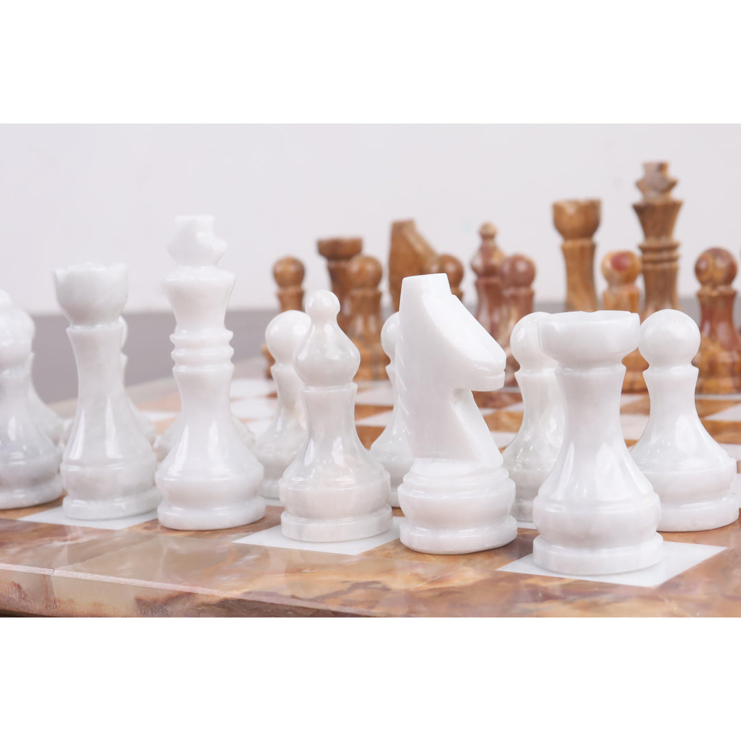 Brown Onyx Marble & Stone Chess Pieces & Board Combo Set - 15" - Handcrafted Chess Set