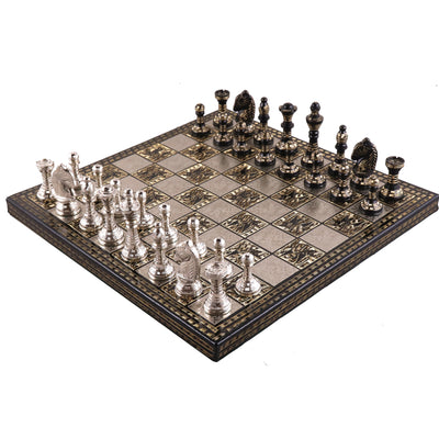 Staunton Inspired Brass Metal Luxury Chess Pieces & Board Set-12"-Silver & Black - Warehouse Clearance - USA Shipping Only