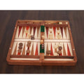 Detailed view of a handcrafted backgammon board featuring bud rosewood and maple wood inlays.