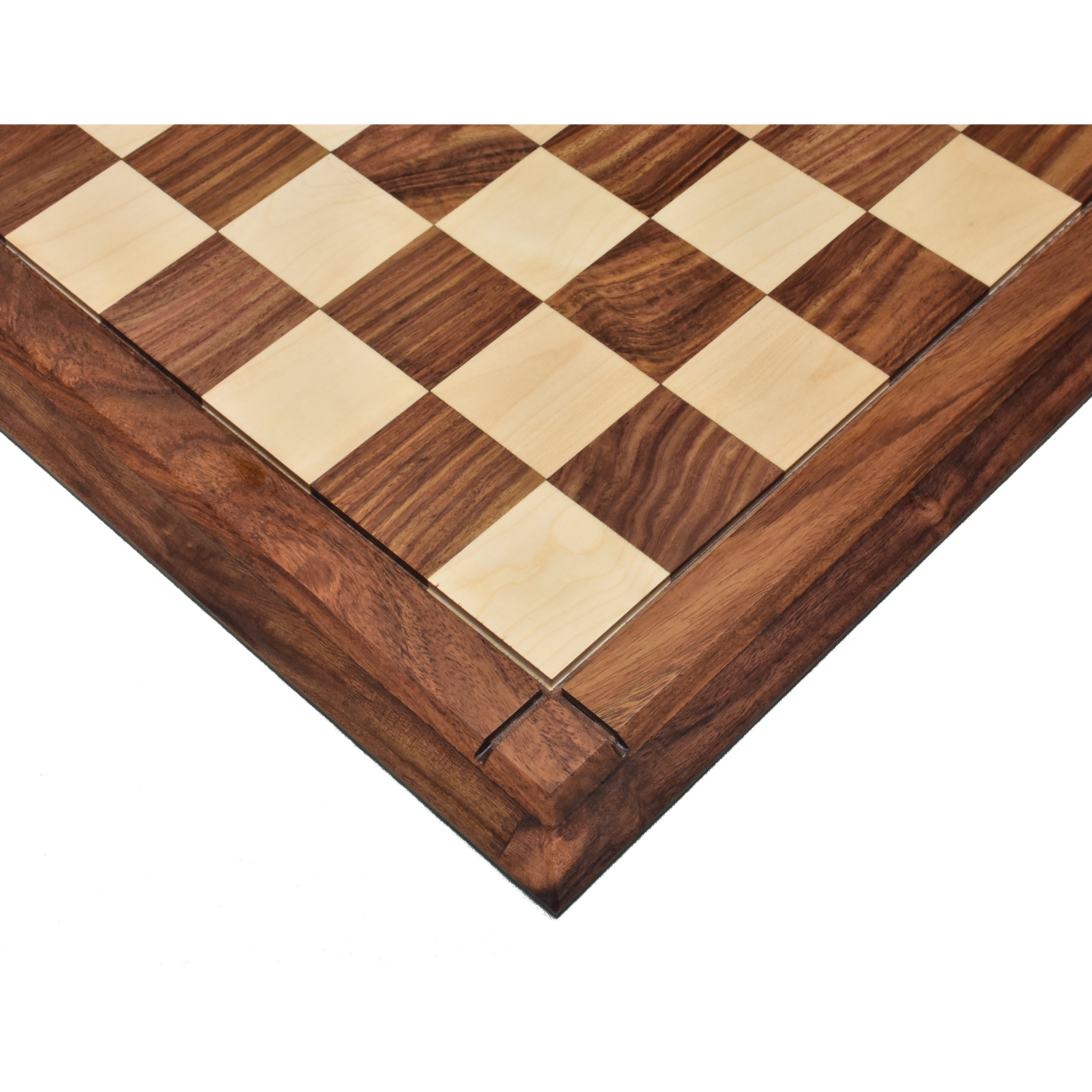 Close-up of the corner of a 21 inch Drueke style chess board showing golden rosewood and maple squares.
