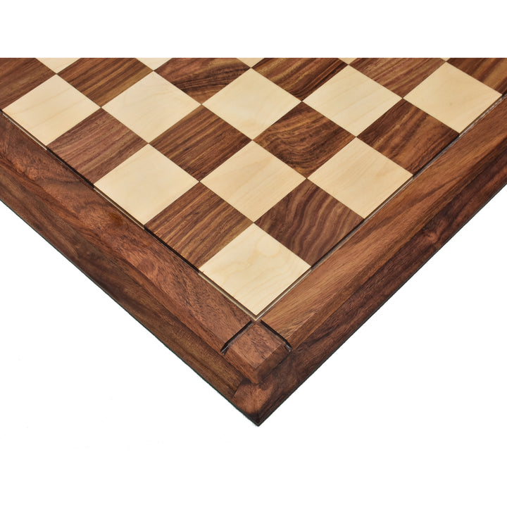 Close-up of the corner of a 21 inch Drueke style chess board showing golden rosewood and maple squares.
