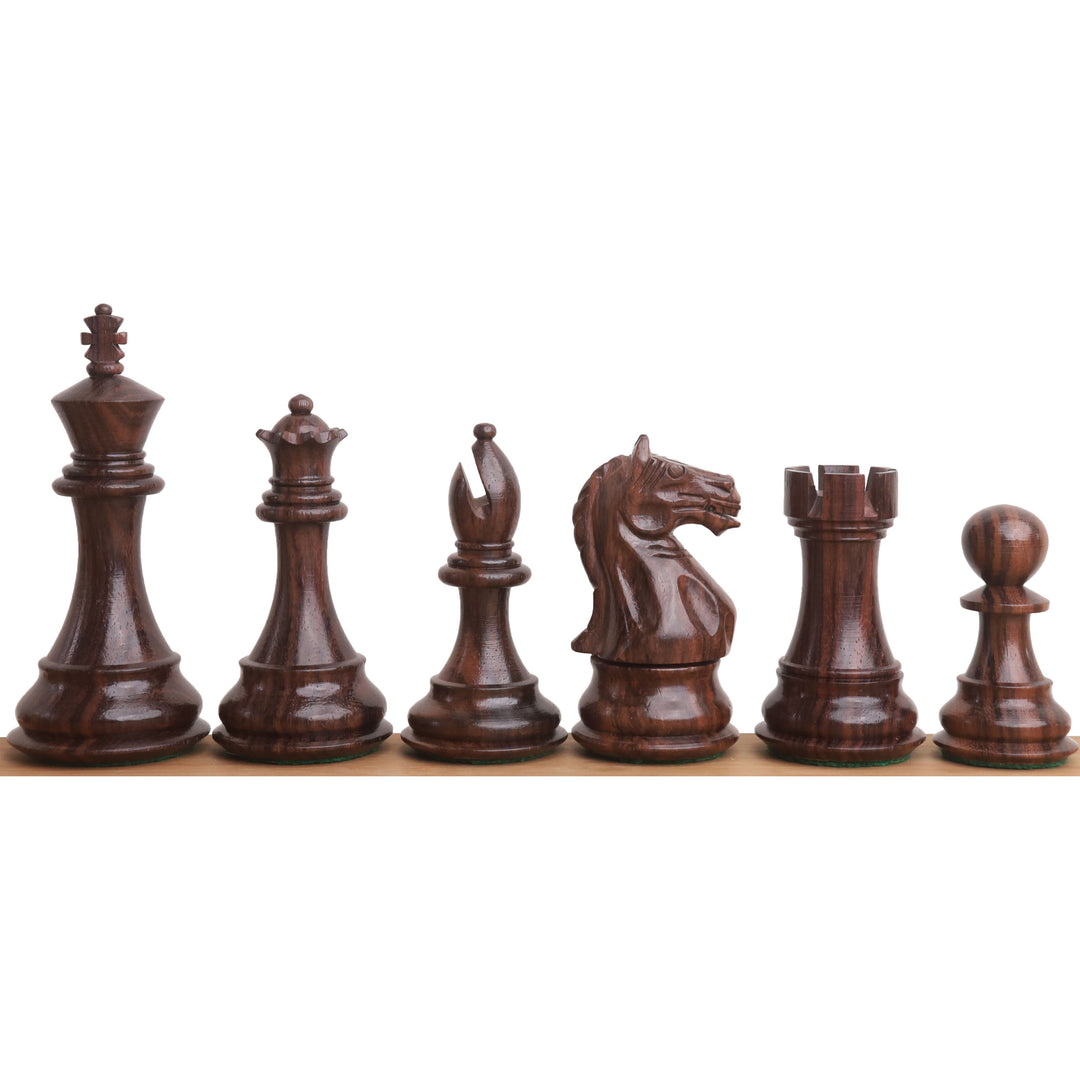 Dark rosewood Fierce Knight chess pieces lineup showing king, queen, bishop, knight, rook, and pawn.