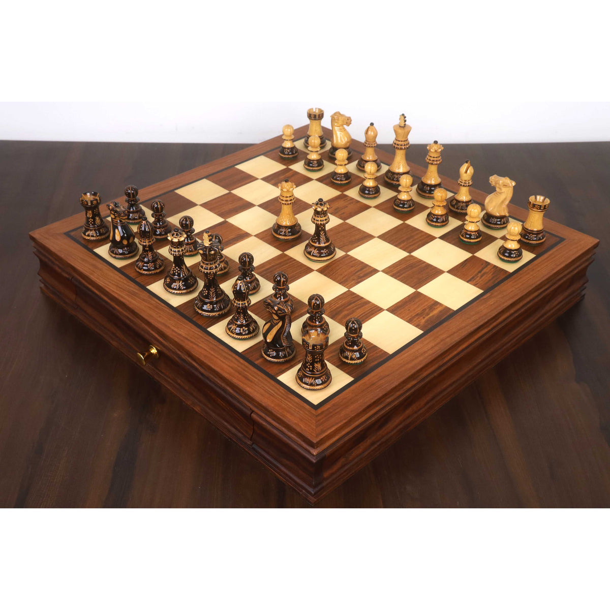Elegant 20-inch golden rosewood chess set with gloss finish professional Staunton pieces.