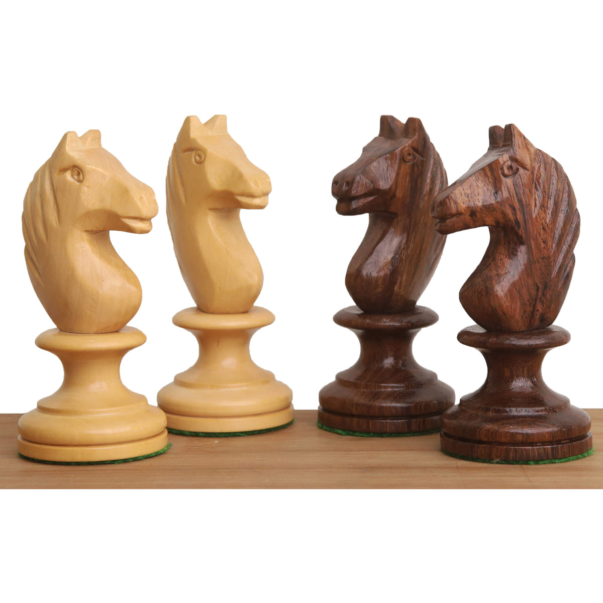 Hand-carved boxwood and golden rosewood knights from the Averbakh Soviet Russian chess set.