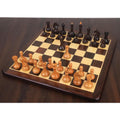 Full setup of the 3.8" Candidates Series minimalist chess set in rosewood and antiqued boxwood on a wooden chessboard.